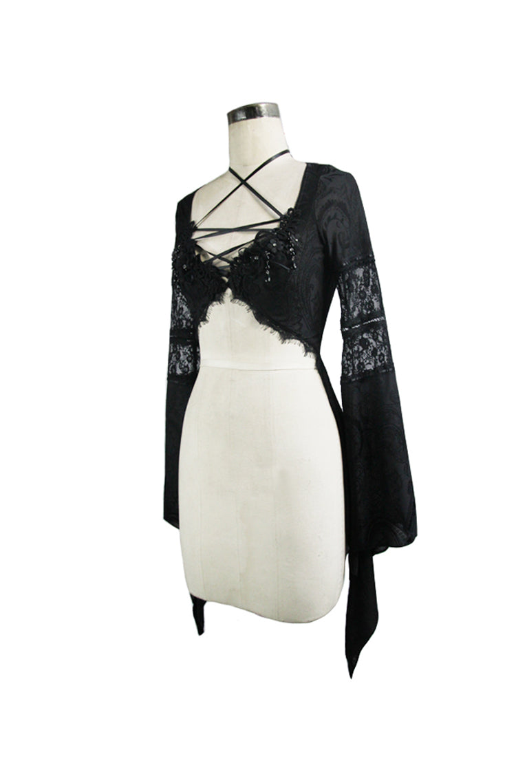 Transparent Mesh Long-Sleeve High-Low Lace Blouse