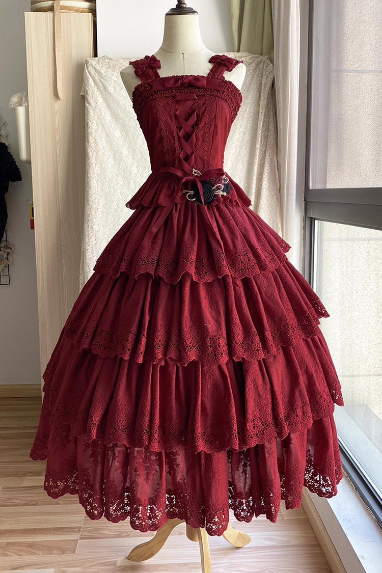 Burgundy Forest Waltz Embroidery Bow Lace-Up Slim Sweet Elegant Lolita Suspender Top