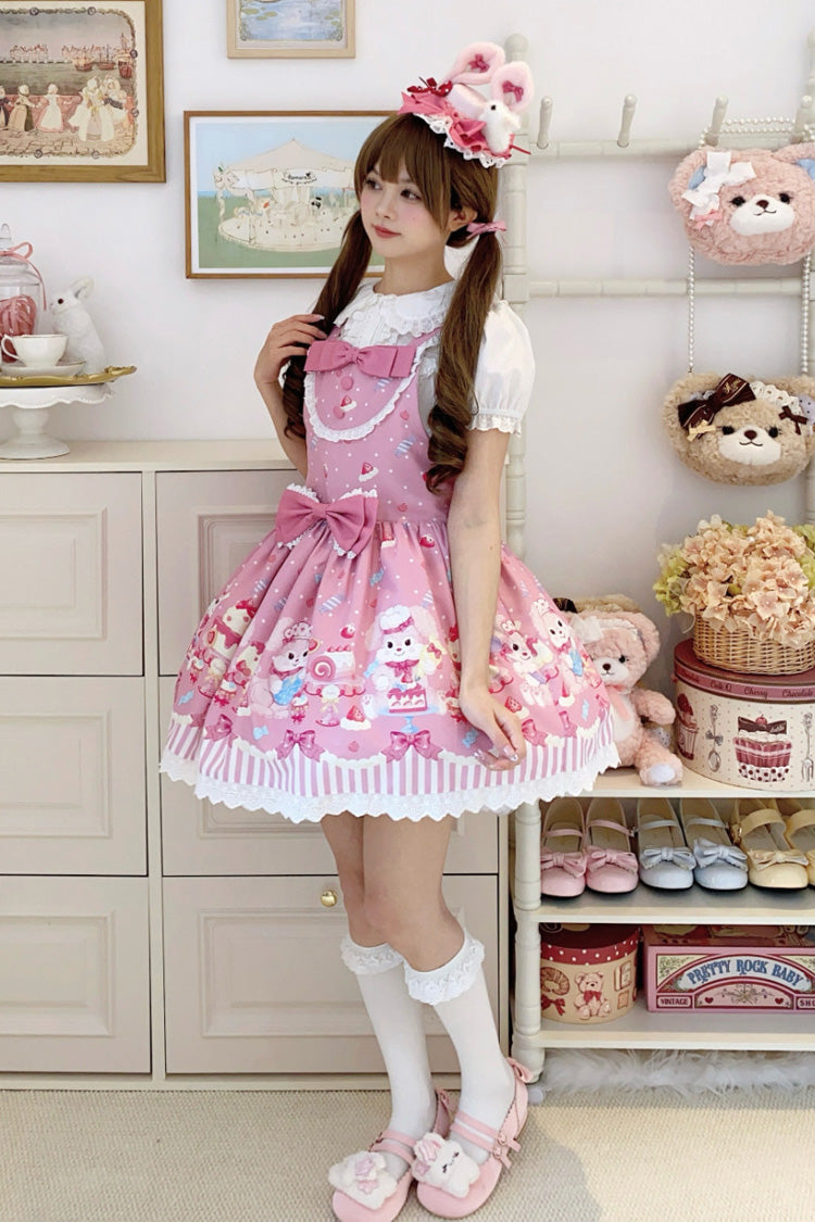 Rose Cupid Bunny Print Sleeveless Bow Princess Lolita Strappy Dress