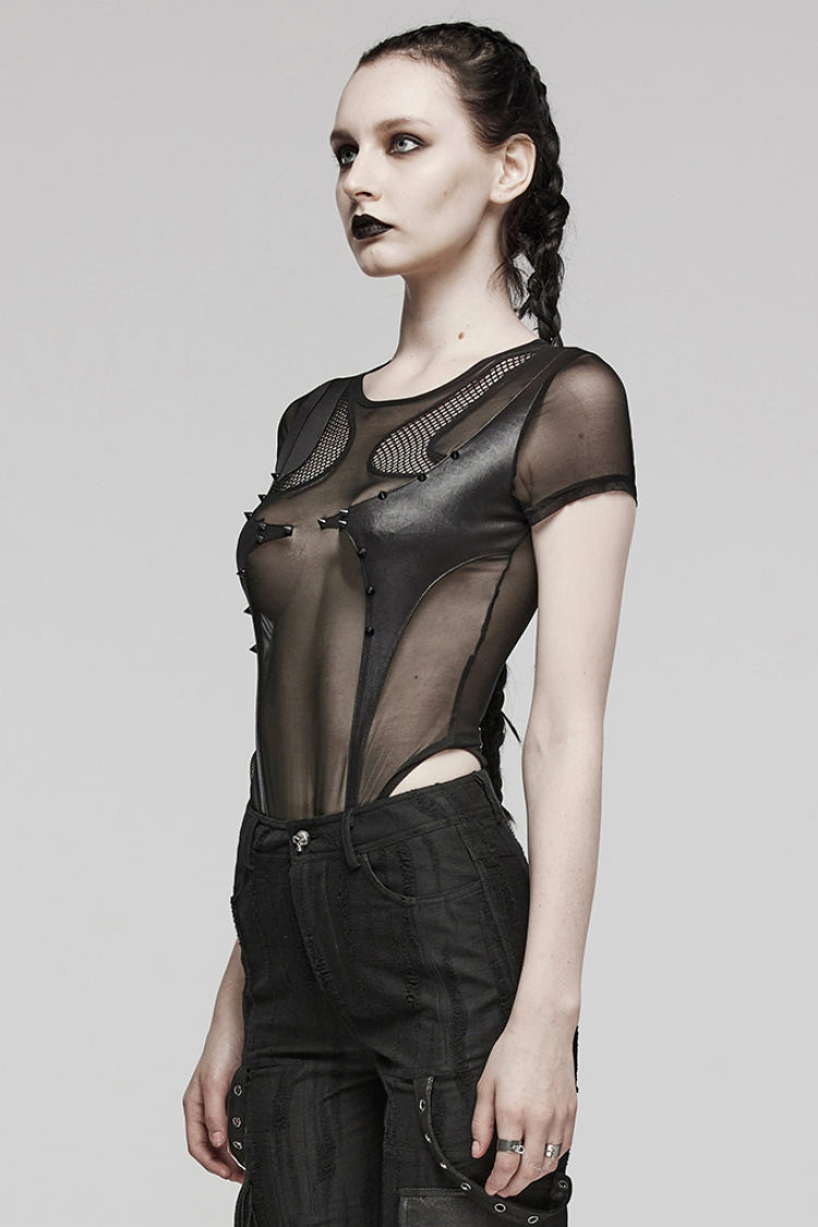 Sheer Mesh Punk Bodysuit for Women