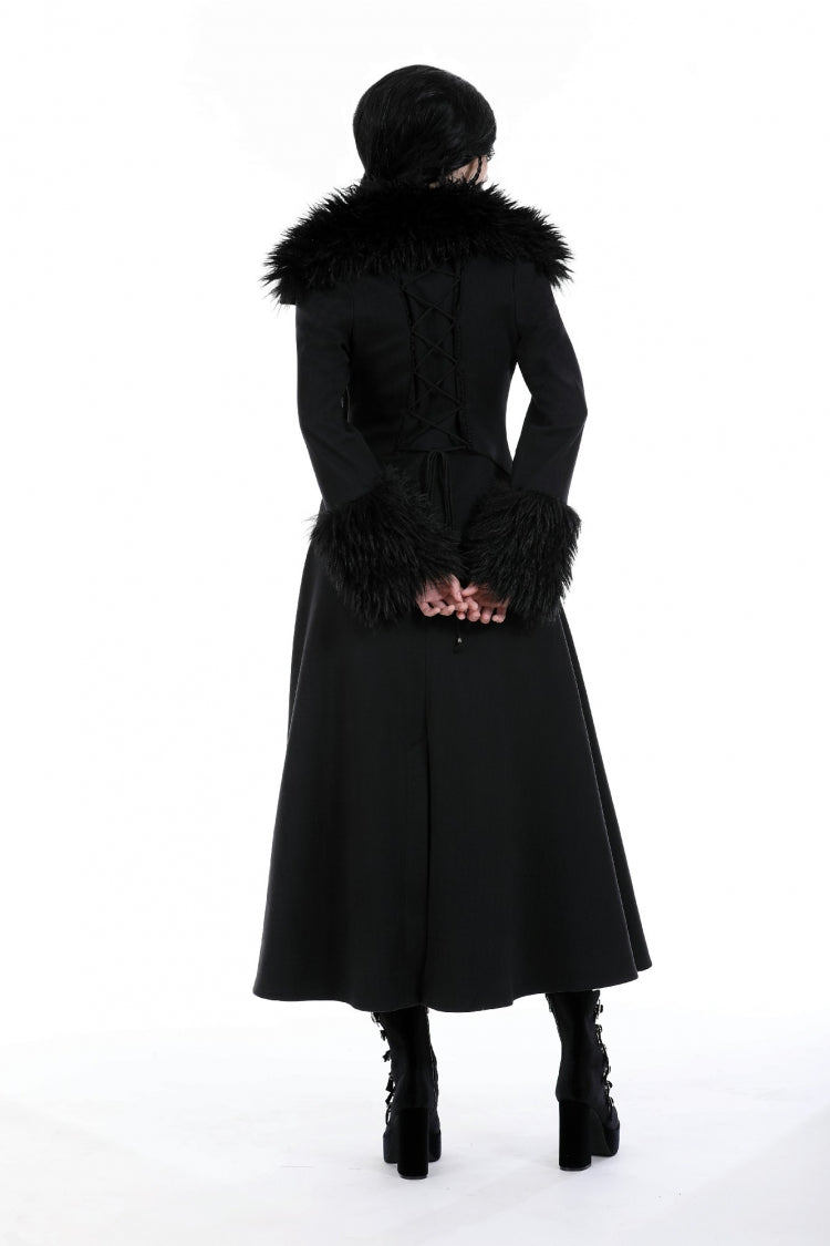 Gothic Draped Coat with Buckle Lace-Up, Faux Fur Collar, and Extended Sleeves