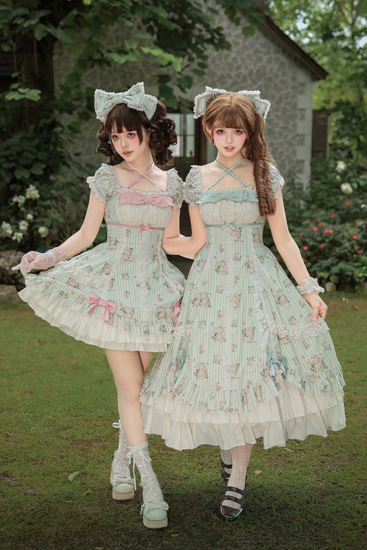 Emerald An Encounter with Austin Square Collar Short Sleeve Multi Rose Printed Ruffled Bow Lace Sweet Lolita Gown