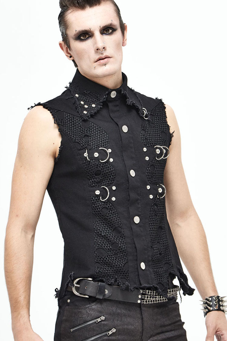 Distressed Mesh-Trimmed Punk Waistcoat with Raw Hem - Noir