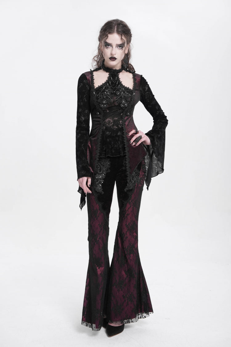 Crimson Gothic Blouse with Jacquard Cutout and Trumpet Sleeves