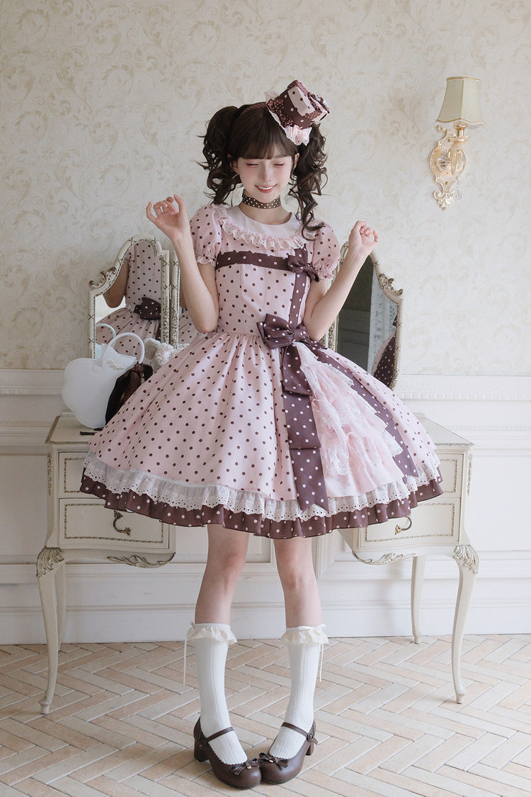 Canelé Gift Box Round Collar Short-Sleeve Polka Dot Ruffle Open Bow Asymmetric Lolita Dress