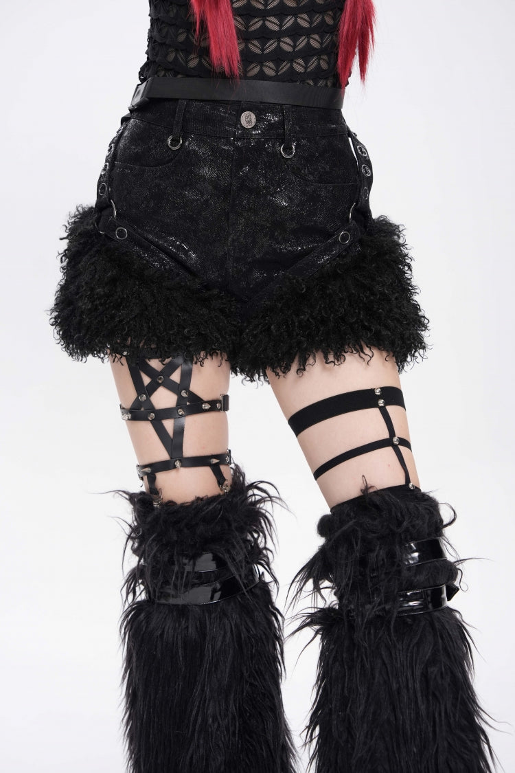 Plush Stitched Punk Shorts with Buckle Straps - Gothic Edge