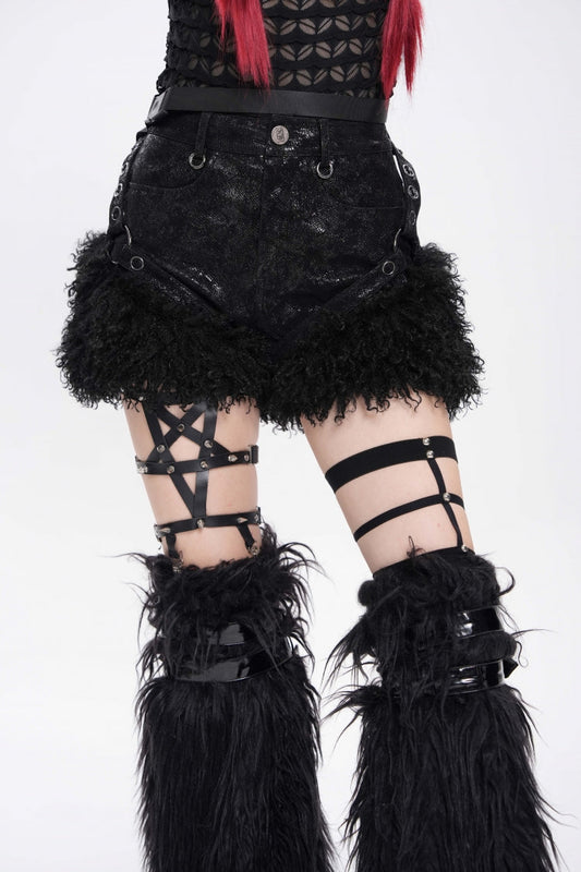 Plush Stitched Punk Shorts with Buckle Straps - Gothic Edge