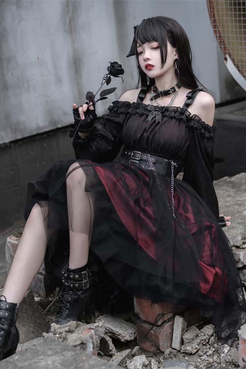 Gothic OP Dress with Irregular Hem and Star Motif