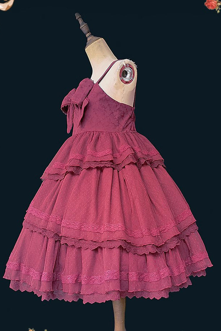 Burgundy Solid Tower of Dawn Bow Accent Sleeveless Ruffle Sweet Lolita Gown