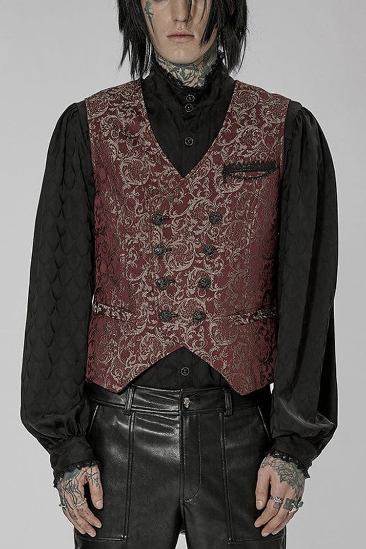 Crimson V-Neck Sculpted Jacquard Vest with Double Button Row