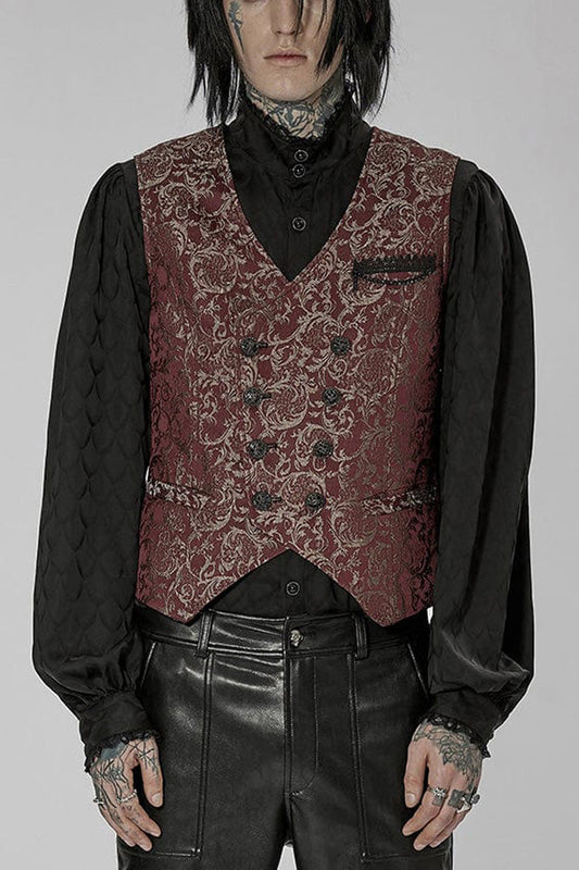 Crimson V-Neck Sculpted Jacquard Vest with Double Button Row