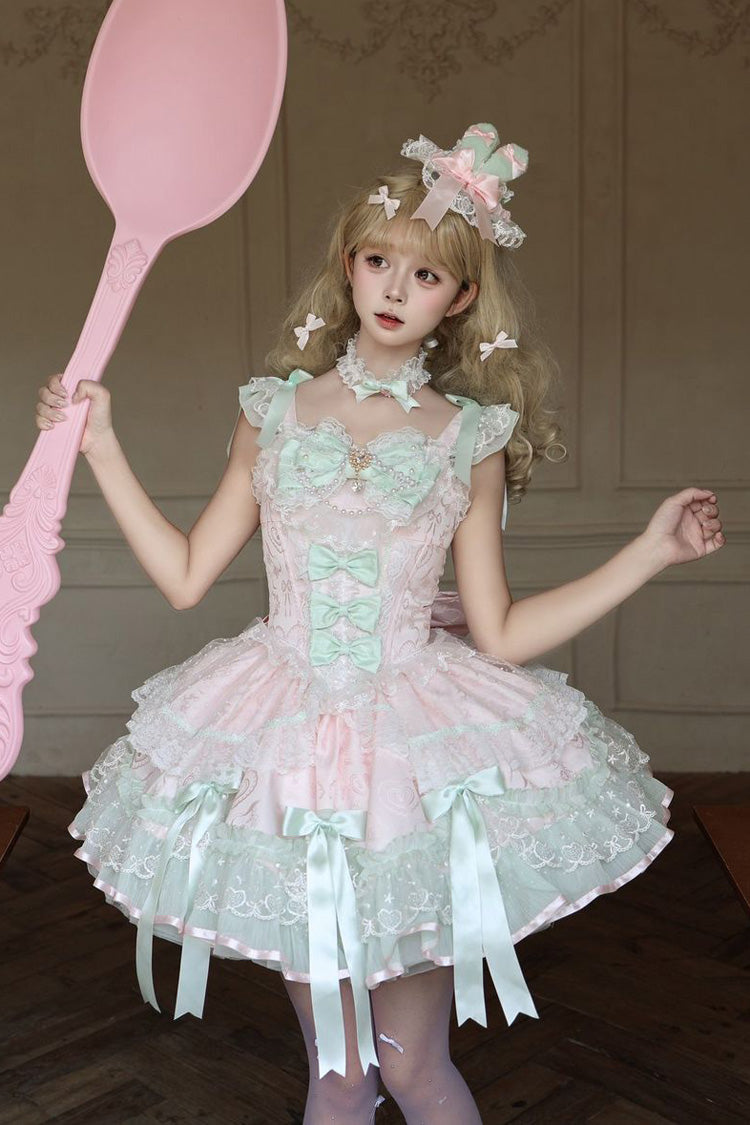 Candy Satin Ballet Square Collar Sleeveless Multi-Layer Ruffle Bow Pearl Lolita JSK