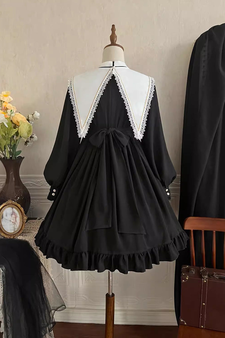 Elegant Nun-Inspired Gothic Dress with Ruffled Bow and Lace, Long Sleeves