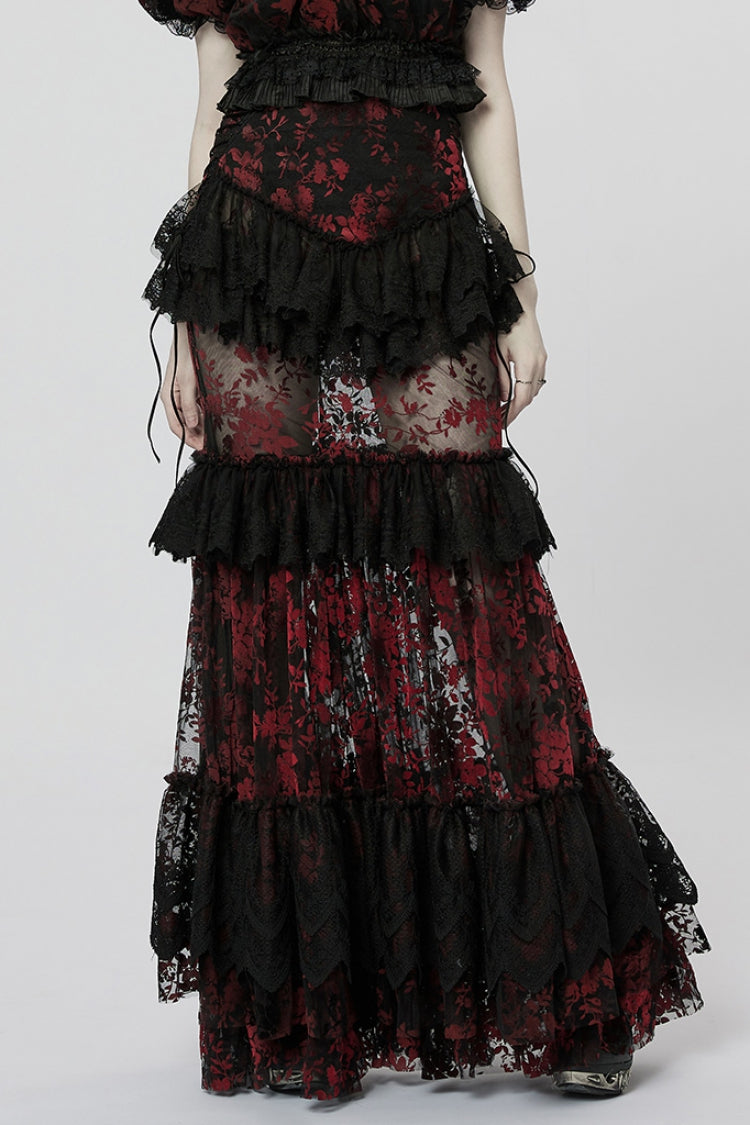 Crimson Noir Layered Ruffle Hollow Lace Gothic Skirt for Women
