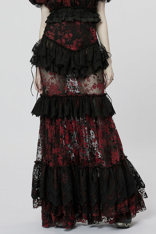 Crimson Noir Layered Ruffle Hollow Lace Gothic Skirt for Women
