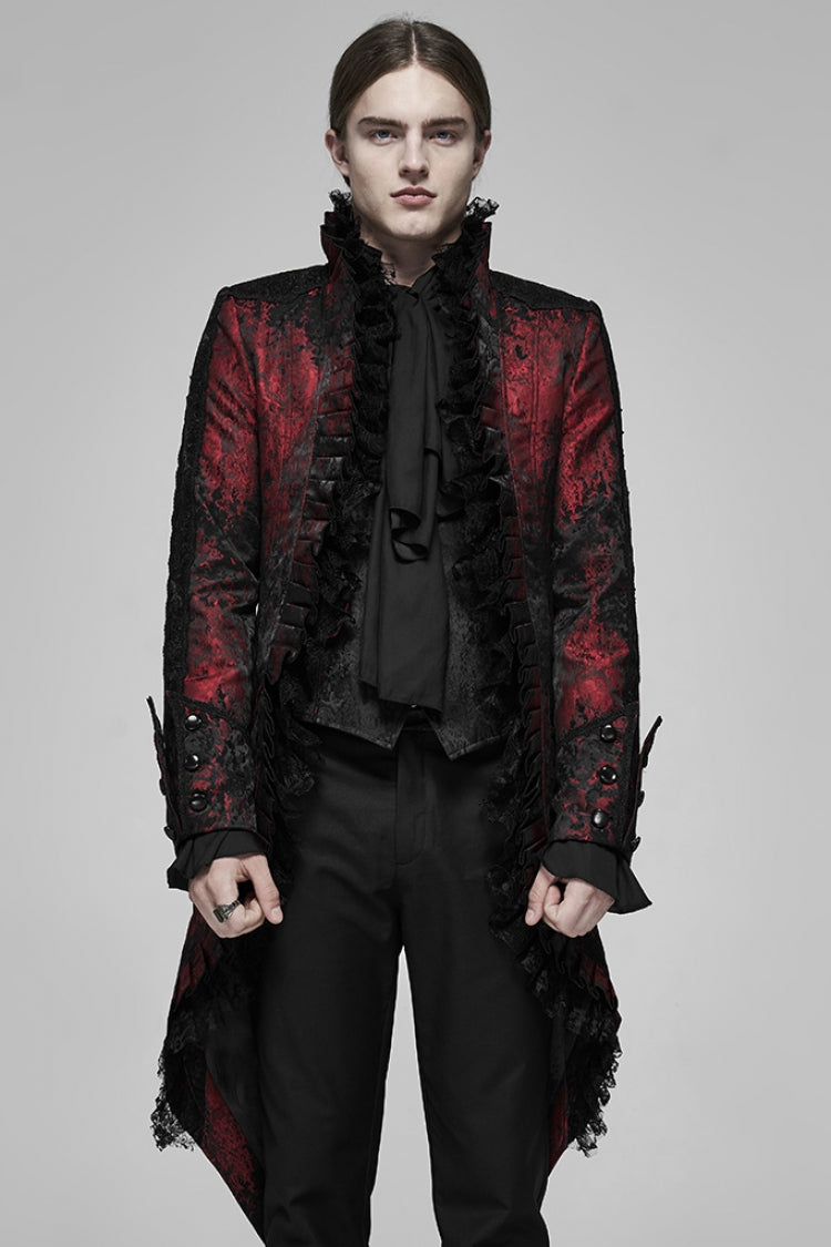 Crimson & Noir Long Sleeve Lace Elegant Men's Vintage Tuxedo Coat