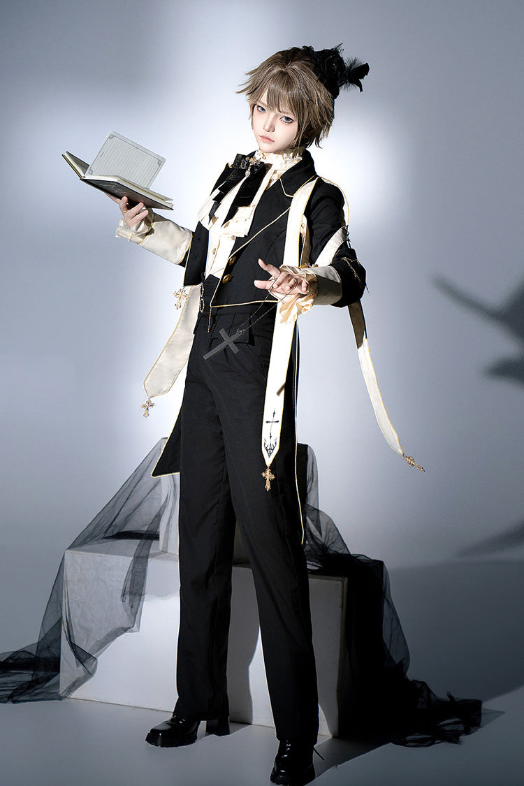 Ouji Lolita Swallowtail Coat with Print, Long-Sleeve Princely Gothic Jacket