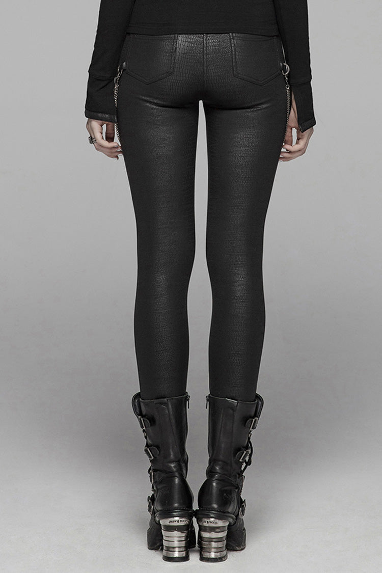 Women's Punk Leggings with Crack Velvet, Knit PU Leather, Metal Buckle and Chain