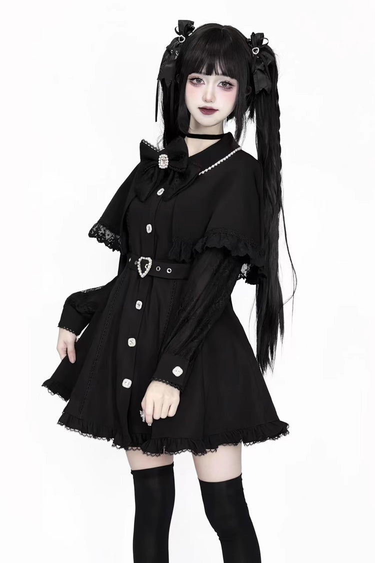 Elegant Jirai Kei Dress with Removable Cape and Ruffle Lace, Long Sleeve