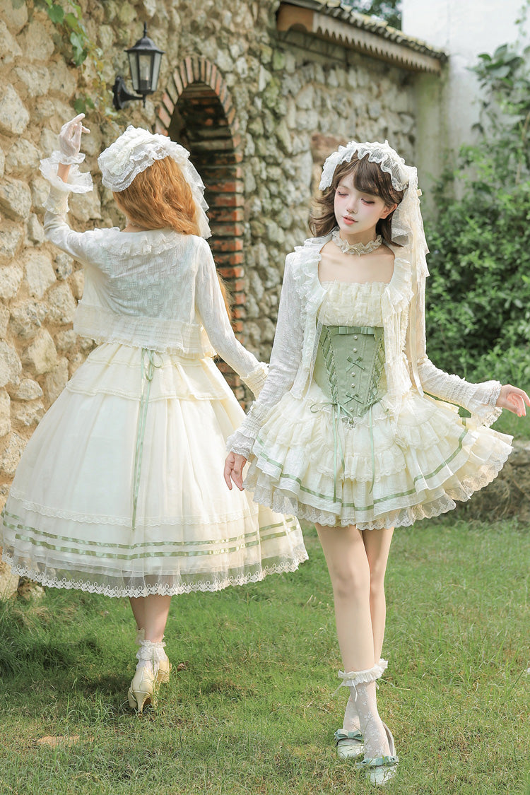 Emerald Square Neck Ruffled Lace Bow Accent Sweet Lolita JSK in Two Styles