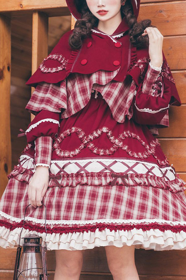 Crimson Plaid Layered Lolita OP with Lantern Sleeves and Bows