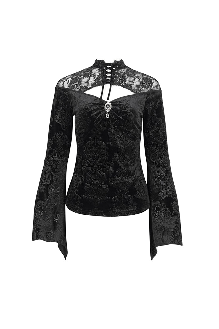 Gothic Shirt with Cutout Round Collar Flared Sleeves and Embossed Floral