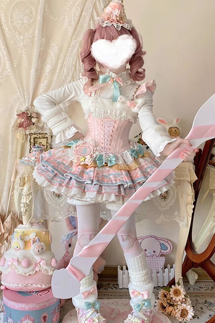 Candy House Multi-Layer Print Ruffle Bow Lace-Up Ballet Lolita JSK
