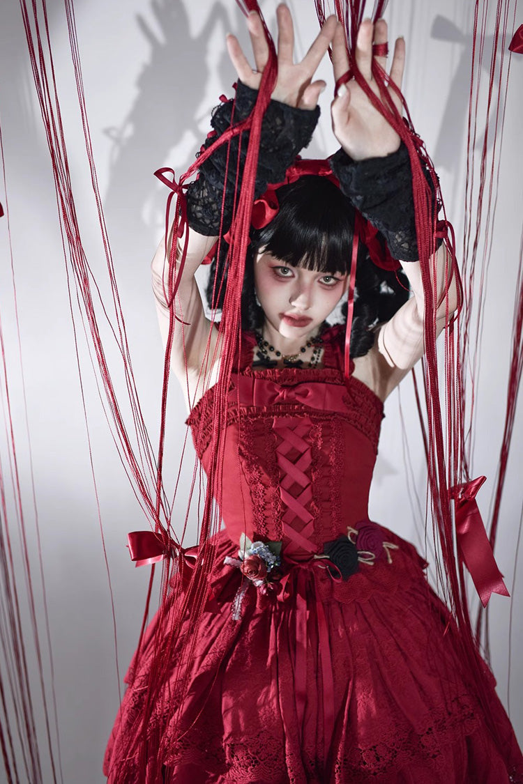 Burgundy Forest Waltz Embroidery Bow Lace-Up Slim Sweet Elegant Lolita Suspender Top