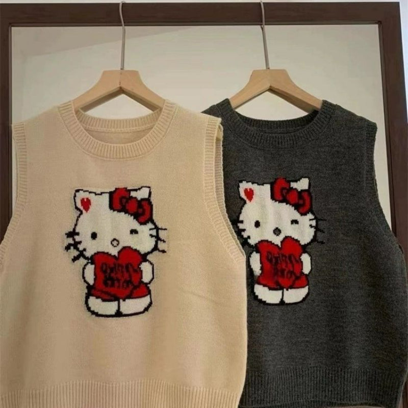 Gilet pull brodé avec motif chat de dessin animé KI640