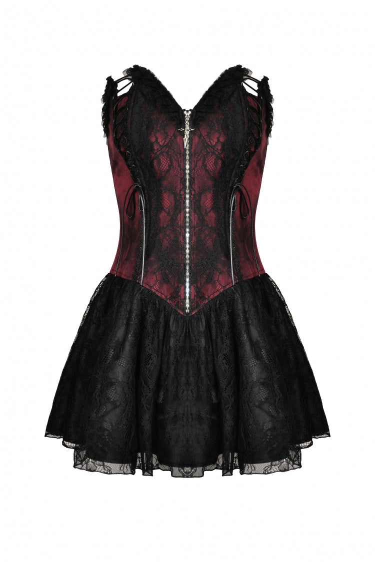 Burgundy Off-Shoulder Lace Lace-Up Zippered Gothic Strapless Graduation Gown