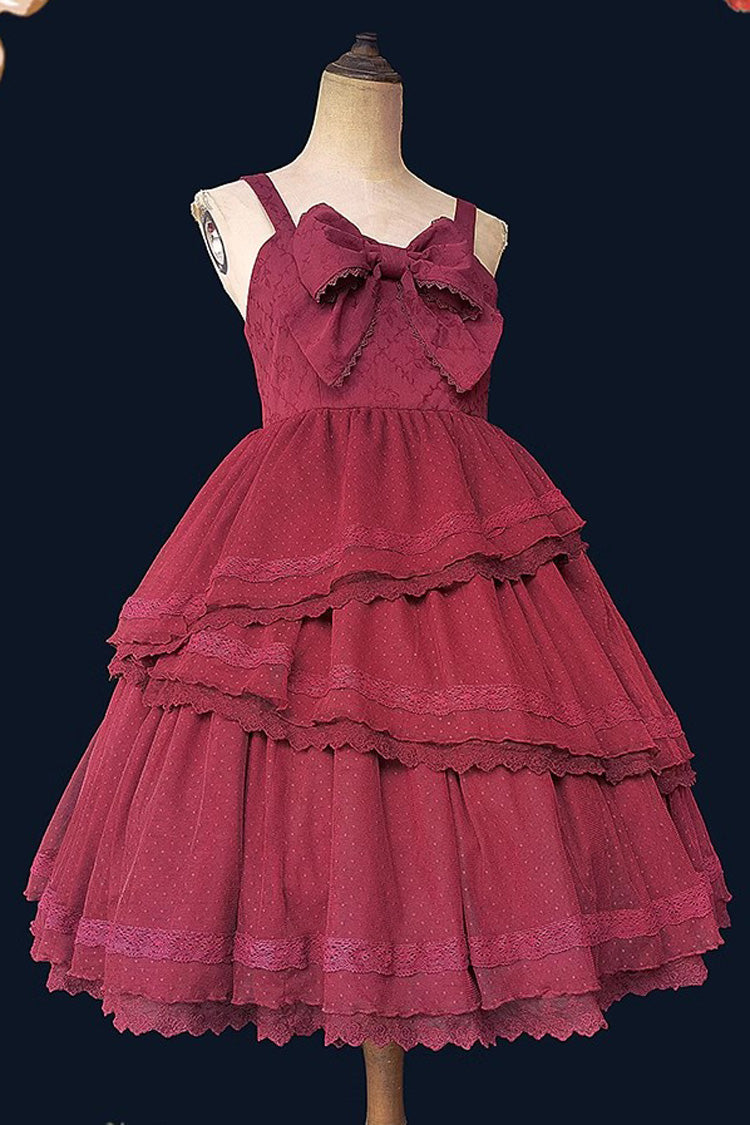 Burgundy Solid Tower of Dawn Bow Accent Sleeveless Ruffle Sweet Lolita Gown