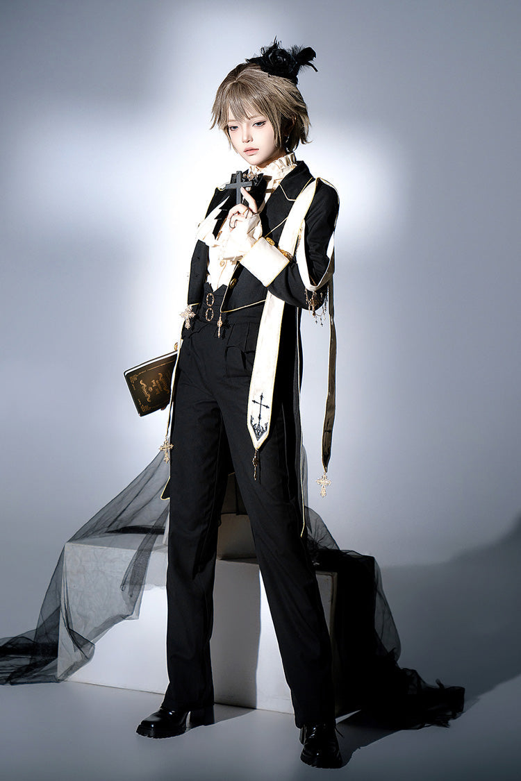Ouji Lolita Swallowtail Coat with Print, Long-Sleeve Princely Gothic Jacket