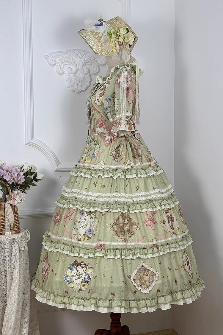 Emerald Cat Rose Tea Short Sleeve Printed Ruffle Cardigan Bow Sweet Lolita Gown