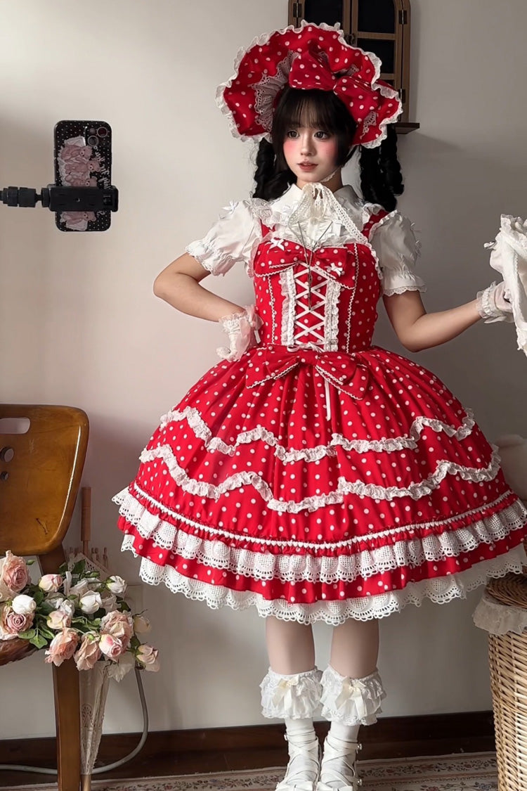 Ruby Polka Dot Ruffle Dress with Corset Lacing