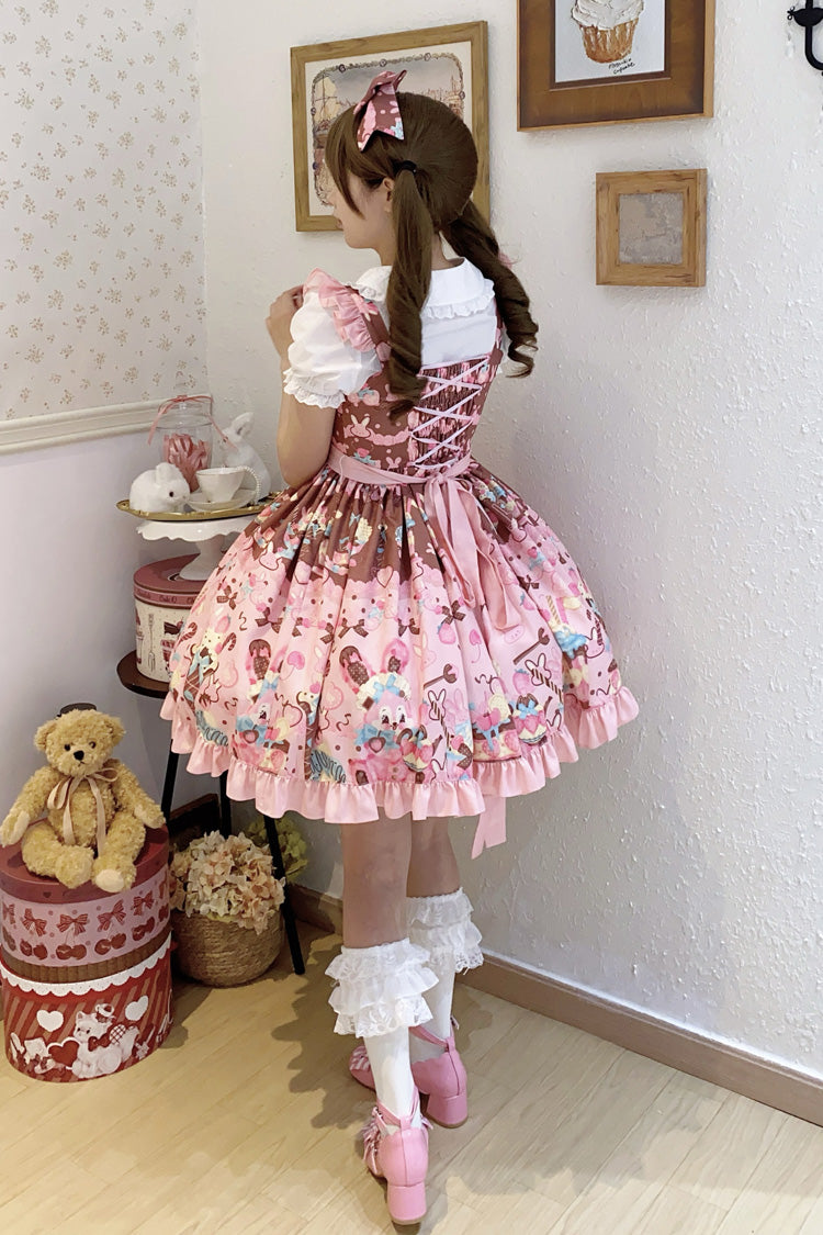Bunny Tea Party Sleeveless Print Ruffle Bow Casual Lolita JSK