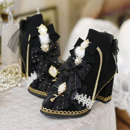 Sweet Luxurious Lolita Ankle Boots with Chunky Heel and Pom-Pom Bow Pearl Detail