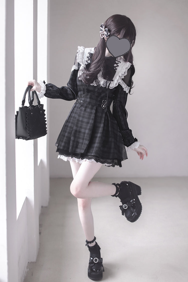 Plaid Print Ruffle Bow Sweet Jirai Kei Dress - Angel Heartbeat