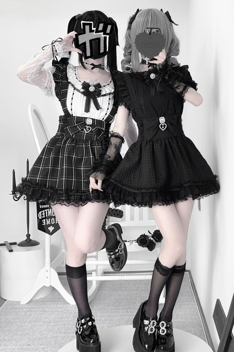 Plaid Ruffle Lace Bow-Trimmed Jirai Kei Skirt
