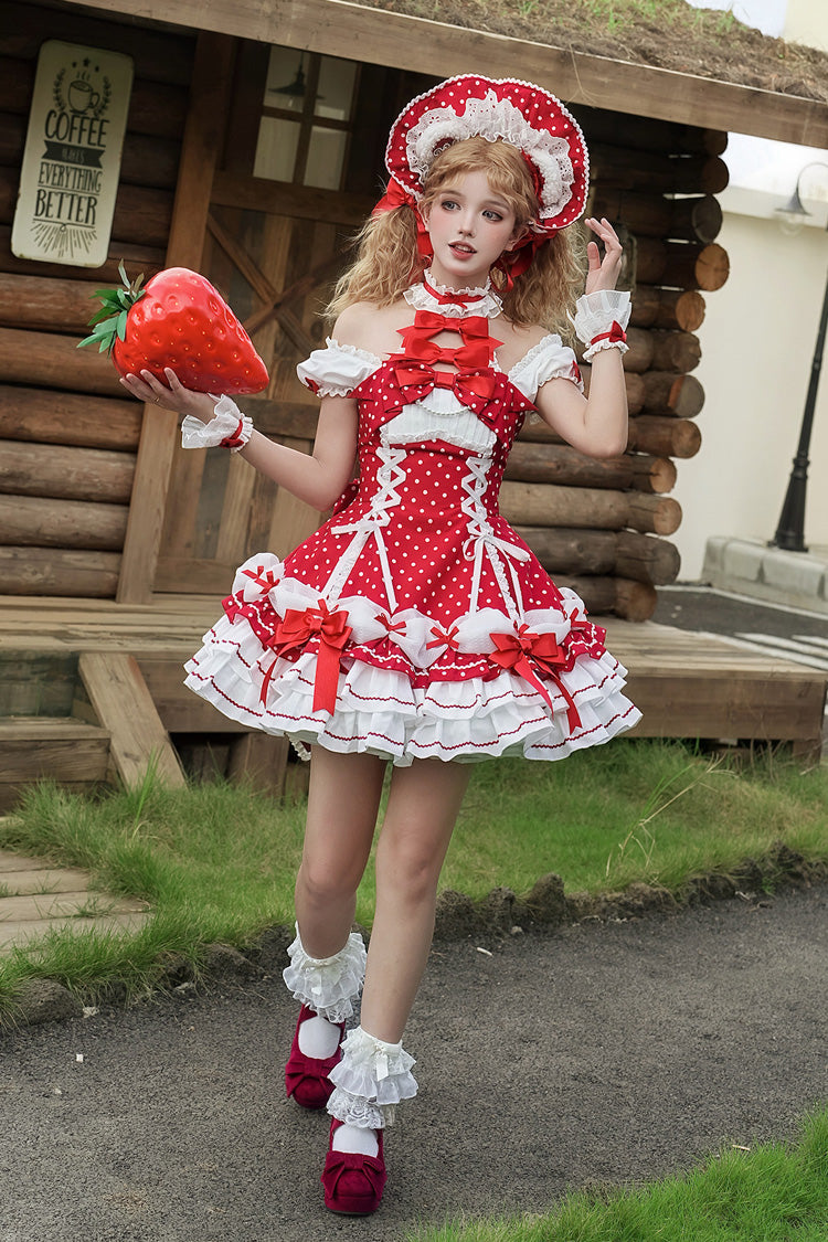 Wine Halterneck Polka-Dot Bow Lace-Up Sweet Lolita Frock