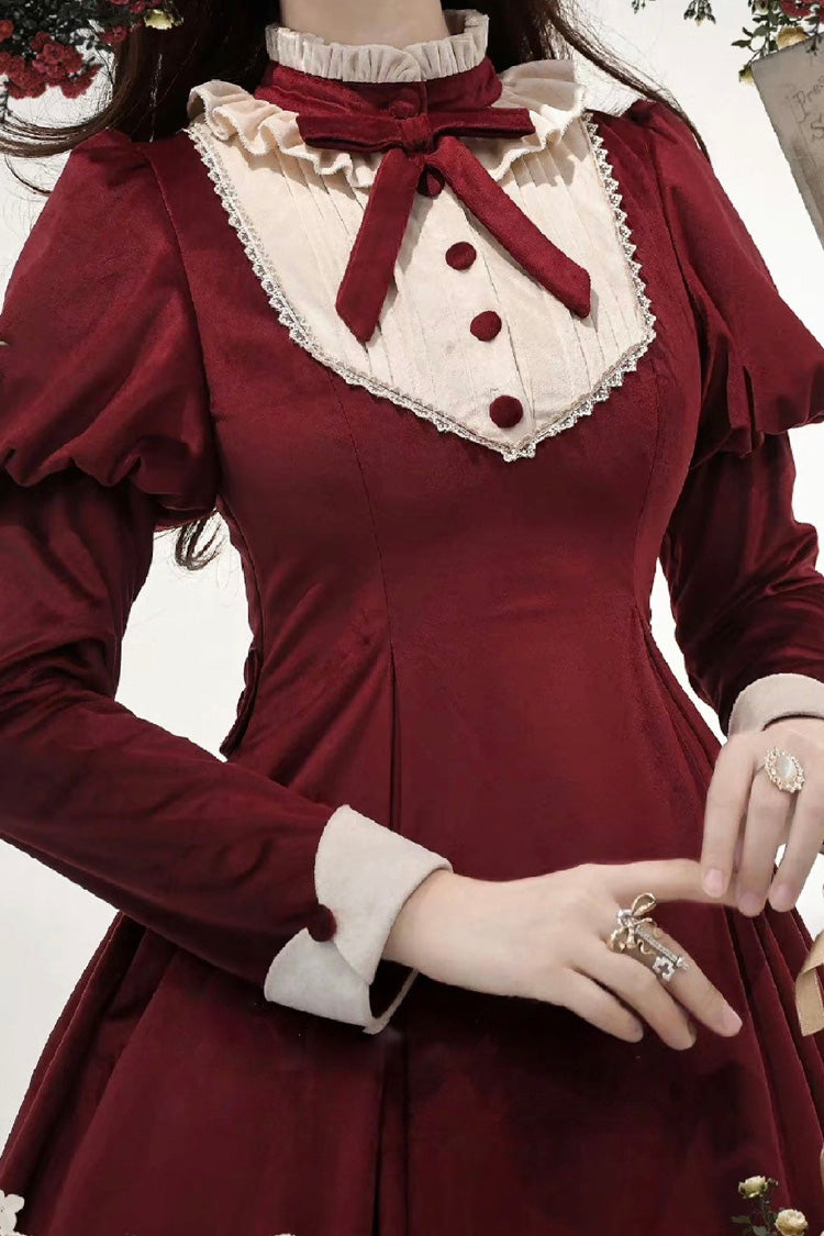 Burgundy High Collar Long Sleeve Ruffled Bow Classic Lolita Gown