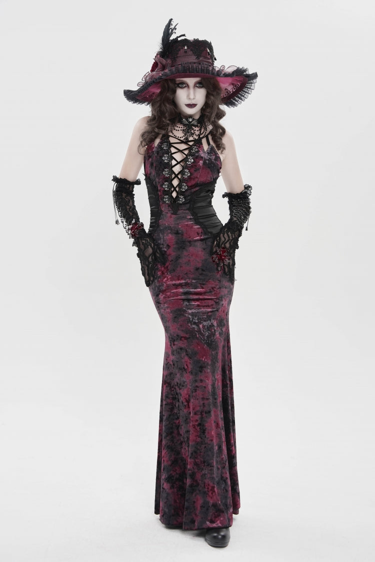 Crimson & Noir Halter Neck Printed Hanayome Lace-Up Fitted Pleated Gothic JSK Dress