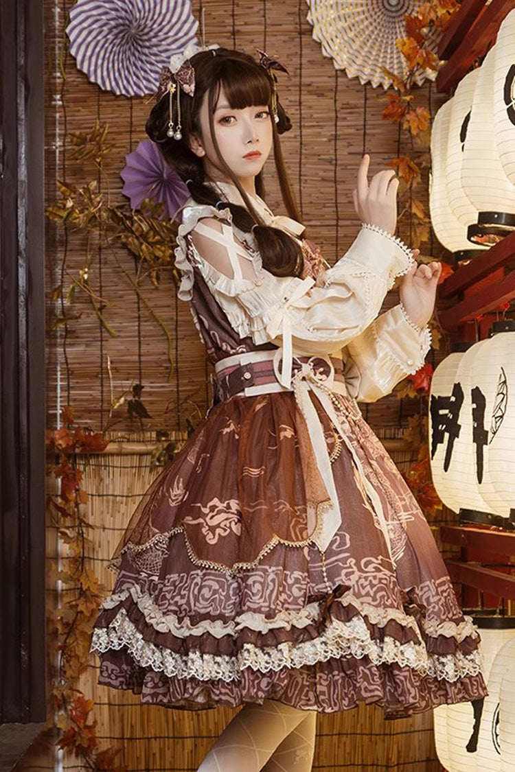 Chinese Style Lolita JSK Dress with Ruffle Lace and Print