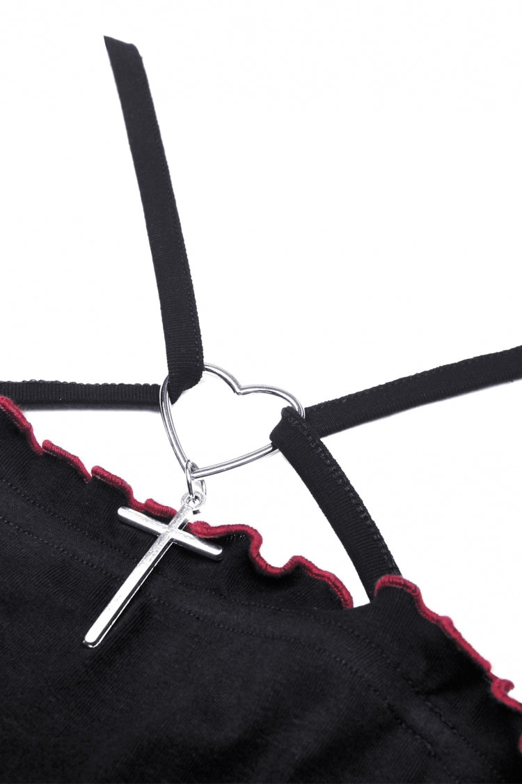 Women's Punk Rock Crop Top with Bat Wings, Backless Cut and Cross Lace-Up