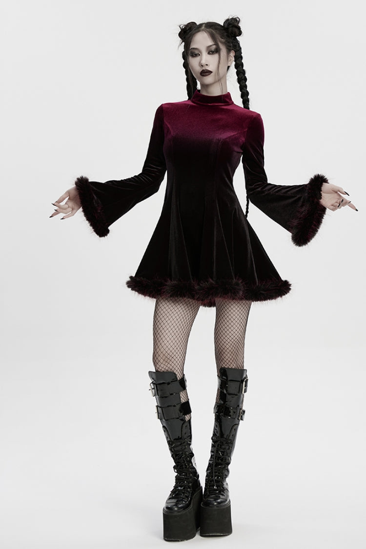 Crimson Noir Ombre Long-Sleeve Gothic Dress for Women