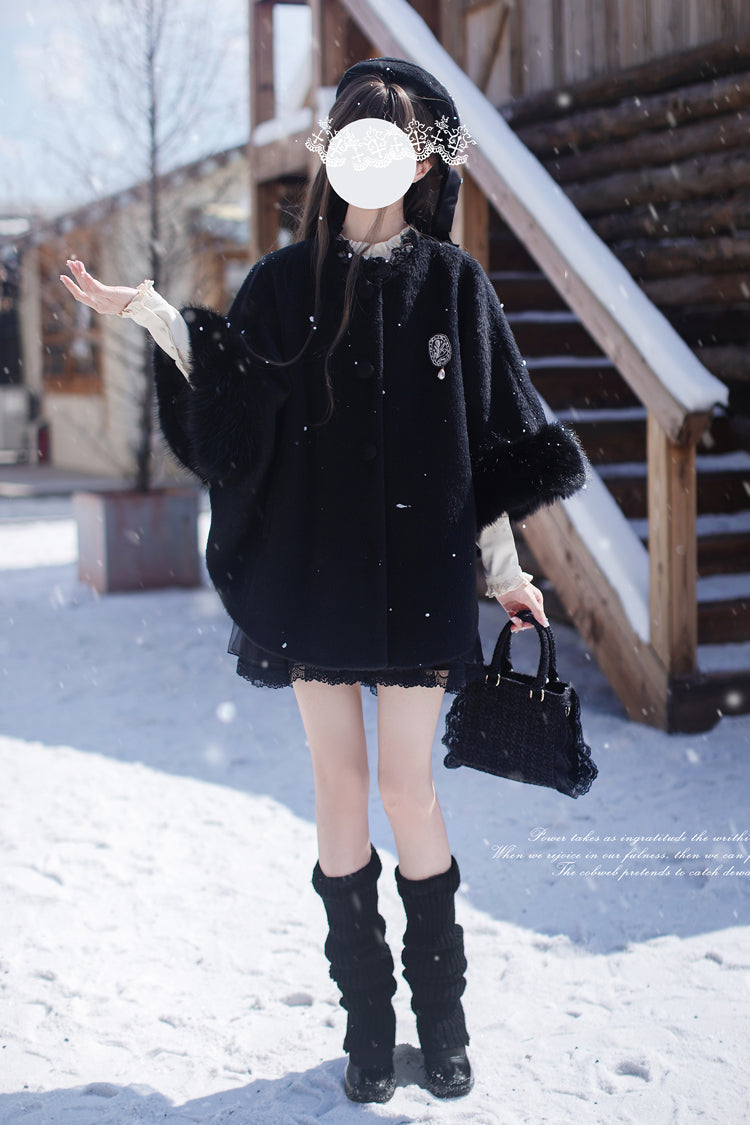 Japanese Lolita Fluffy Cloak Coat with Lace and Extended Sleeves