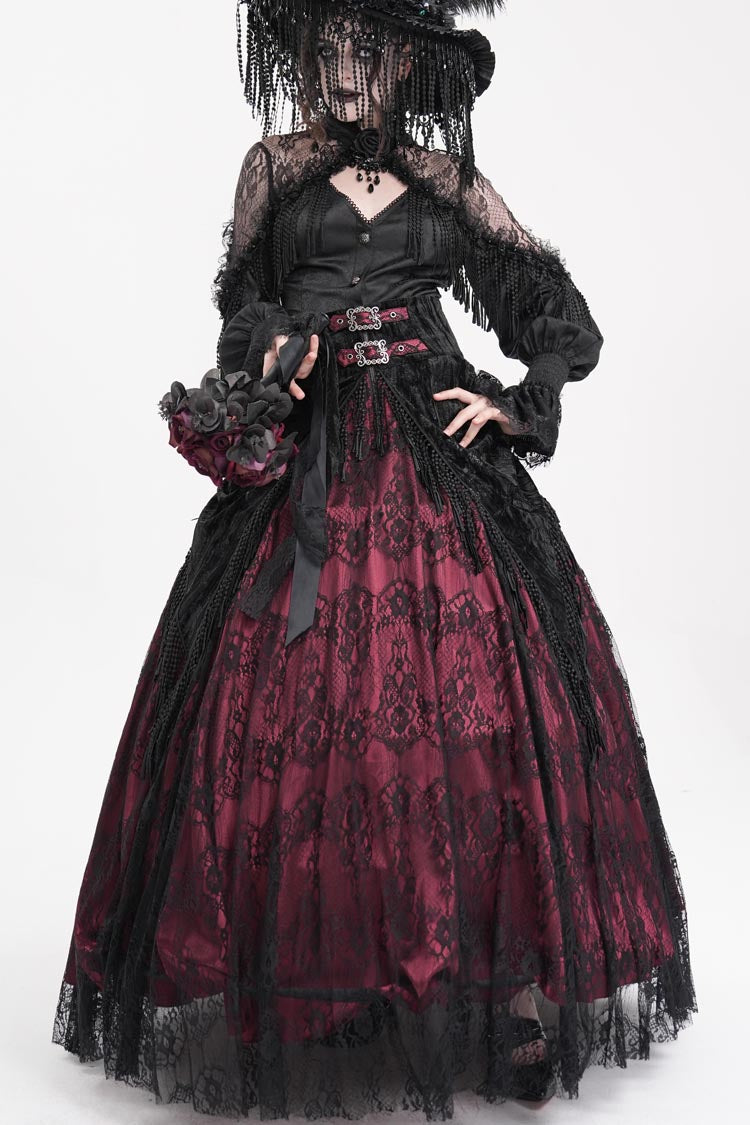 Burgundy Print Embroidery Tassel Buckle Lace-Up Gothic Long Skirt