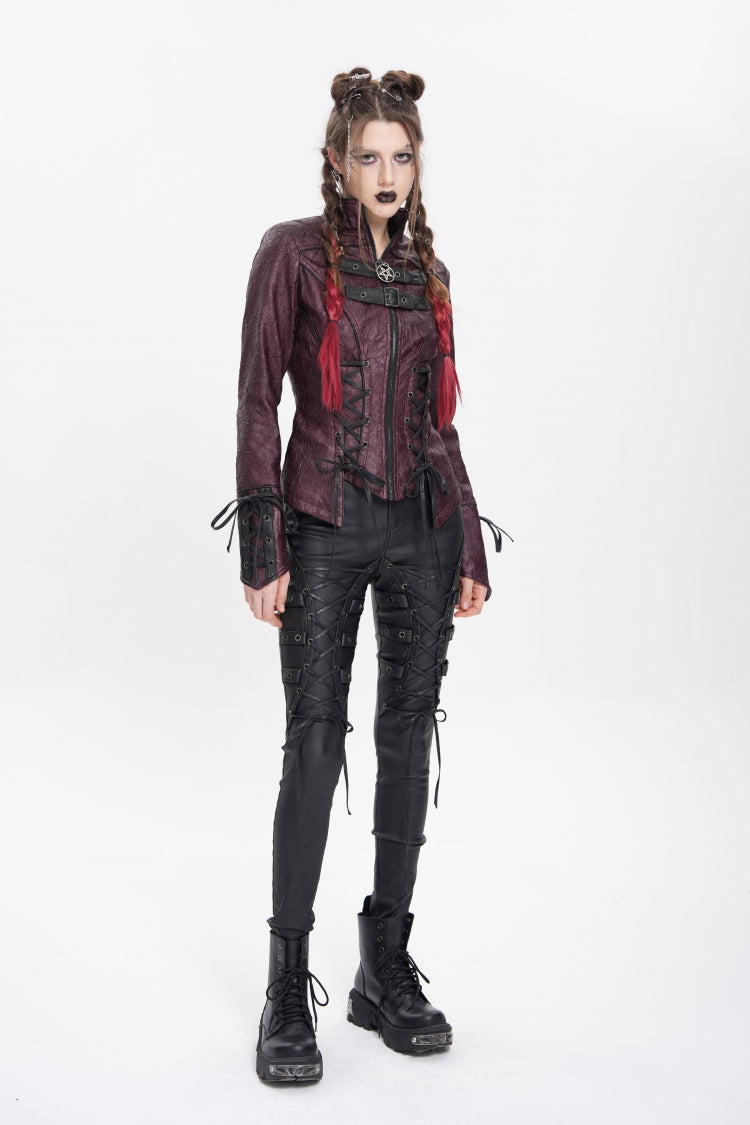 Burgundy Pentagram Buckle Punk Jacket