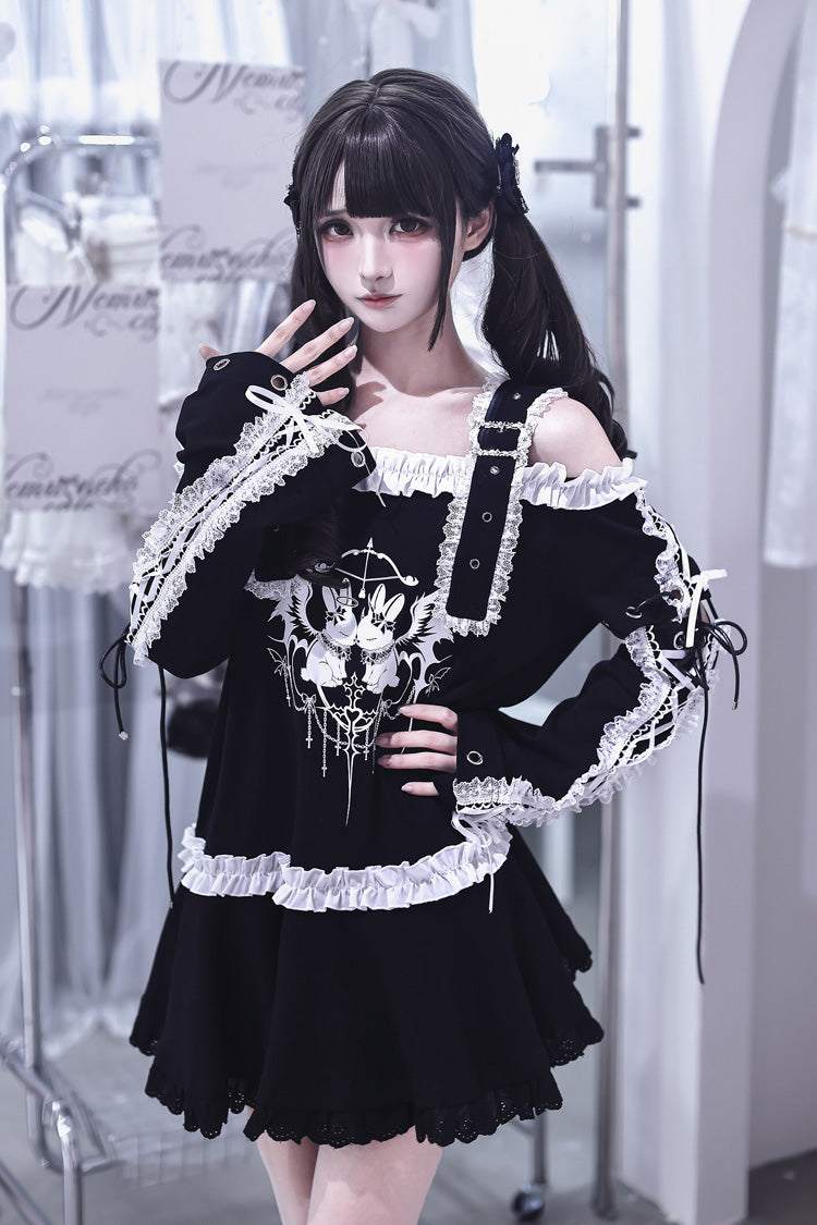 Off-Shoulder Ruffled Embroidered Punk Jirai Kei Dress - Bandage Bunny