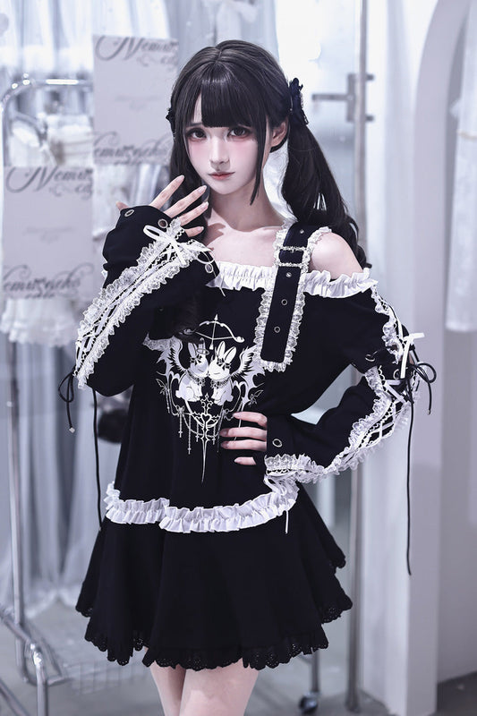 Off-Shoulder Ruffled Embroidered Punk Jirai Kei Dress - Bandage Bunny