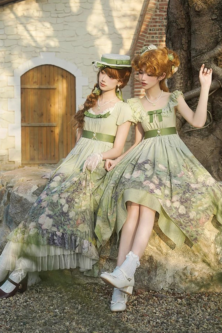 Emerald Blooming Roses Oil Painting Chiffon Ruffle Bow Irregular Sweet Lolita Jumper